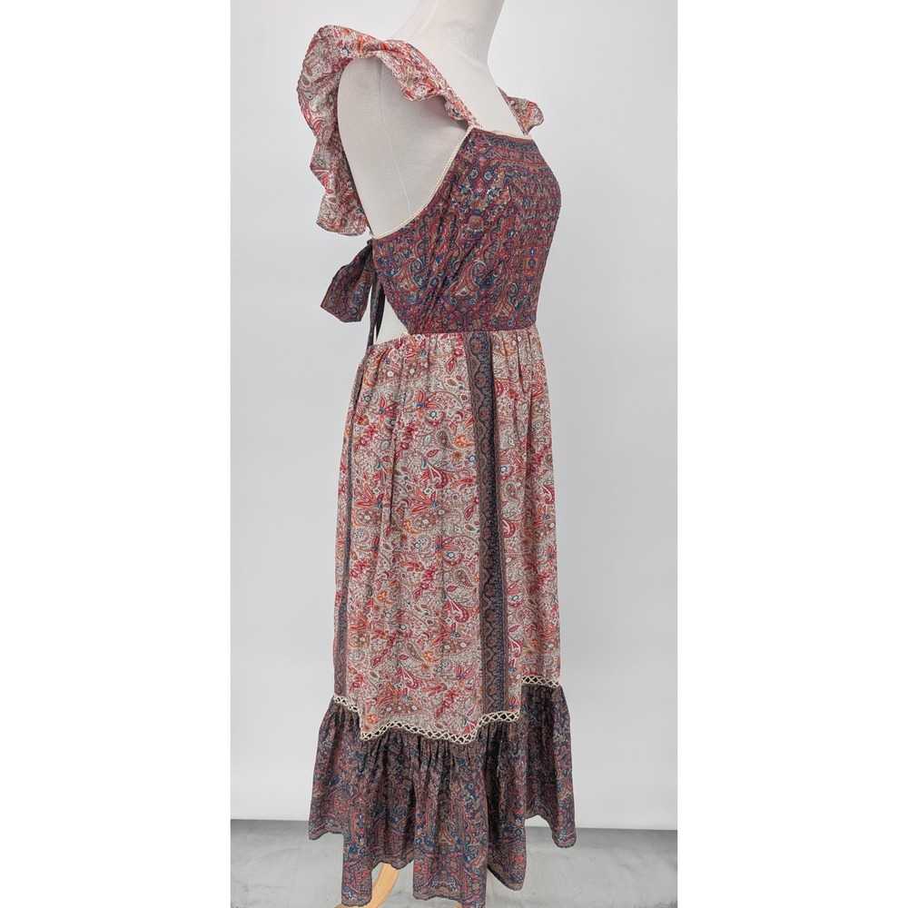 Haute Hippie Paisley Floral Maxi Dress 10 Red Blue Boho Tie Back Cottage Prairie - Picture 5 of 14